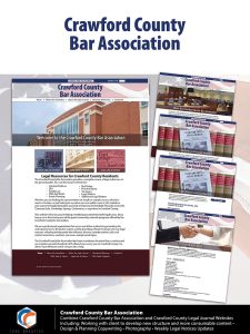 Text Image Description: Crawford County Bar Association Combine Crawford County Bar Association and Crawford County Legal Journal Websites Including: Working with client to develop new structure and more consumable content • Design &Planning Copywriting •Photography •Weekly Legal Notices Updates