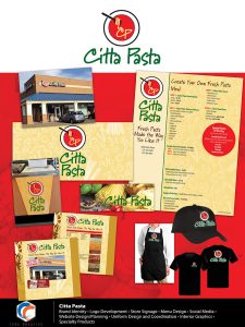 Image Text Description: Client:Citta Pasta Project Scope: l Media • Brand Identity •Logo Development •Store Signage •Menu Desingtne•riSoorcGiaraphics • Website Design/Planning •Uniform Design and Coordination •I Specialty Products