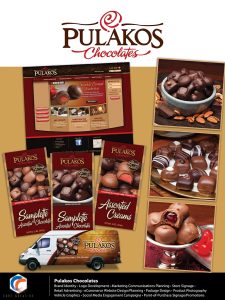 Image Text Description: Pulakos Chocolates -Pulakos Chocolates Brand Identity • Logo Development • Marketing Communications Planning • Store Signage • Retail Advertising • eCommerce Website Design/Planning • Package Design • Product Photography Vehicle Graphics • Social Media Engagement Campaigns • Point-of-Purchase Signage/Promotions